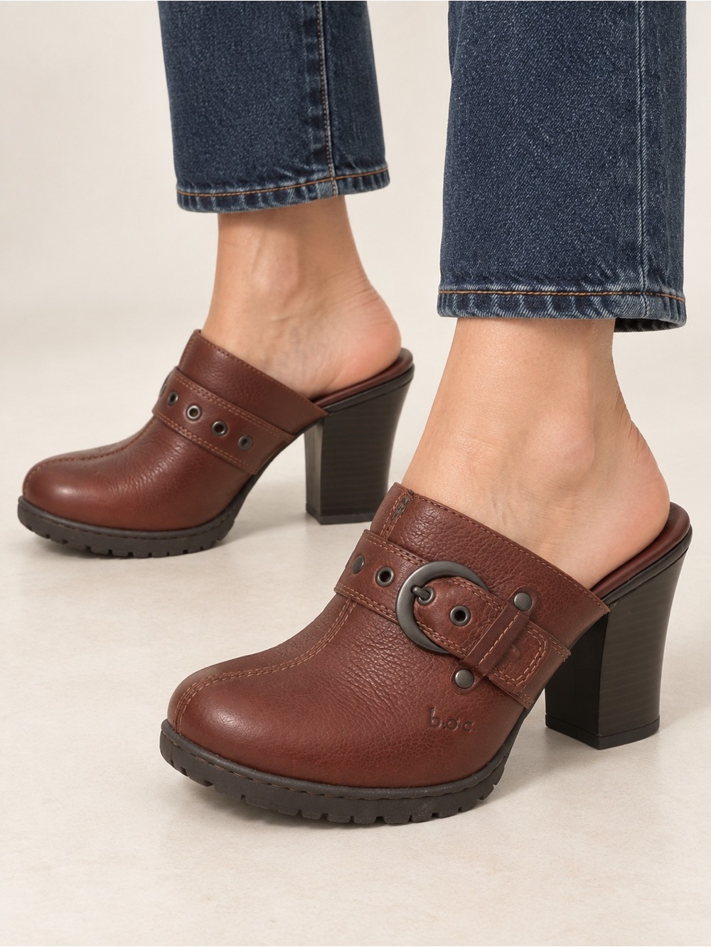 NEW B.O.C. Born Women's Size 7 Brown Leather Buckle Mule Clogs Chunky Block Heel
